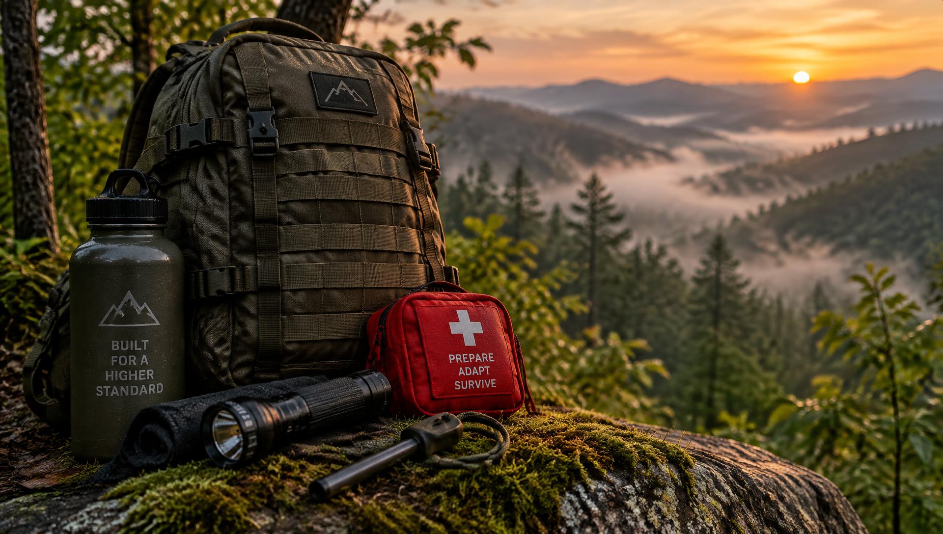 Survival backpack and gear on a Georgia mountain at sunrise